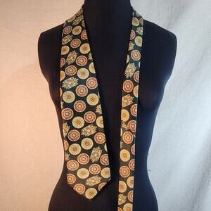 Vintage Rene Chagal Hand‎ Made Myung Ju Silk Tie 60" Long Gold/Red/Deep Navy